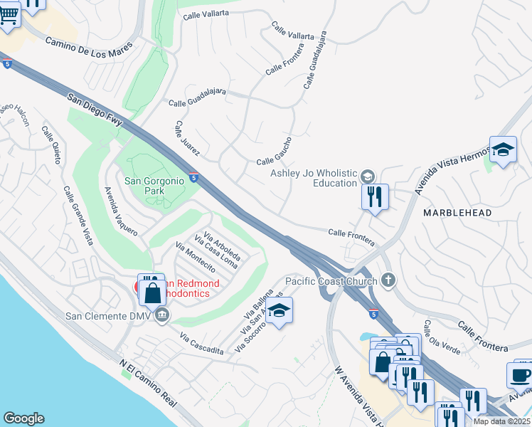 map of restaurants, bars, coffee shops, grocery stores, and more near 2921 Calle Frontera in San Clemente