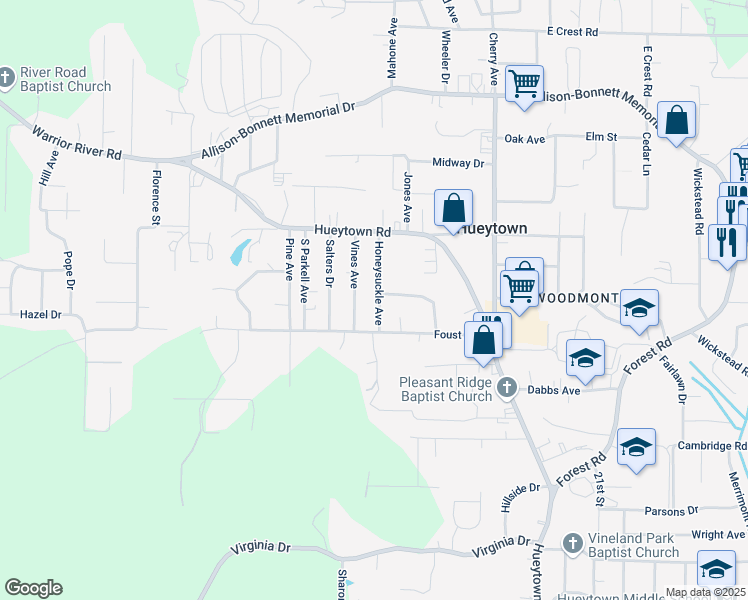 map of restaurants, bars, coffee shops, grocery stores, and more near 117 Honeysuckle Avenue in Hueytown