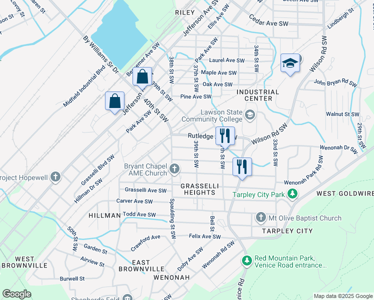 map of restaurants, bars, coffee shops, grocery stores, and more near 3921 Viola Avenue Southwest in Birmingham