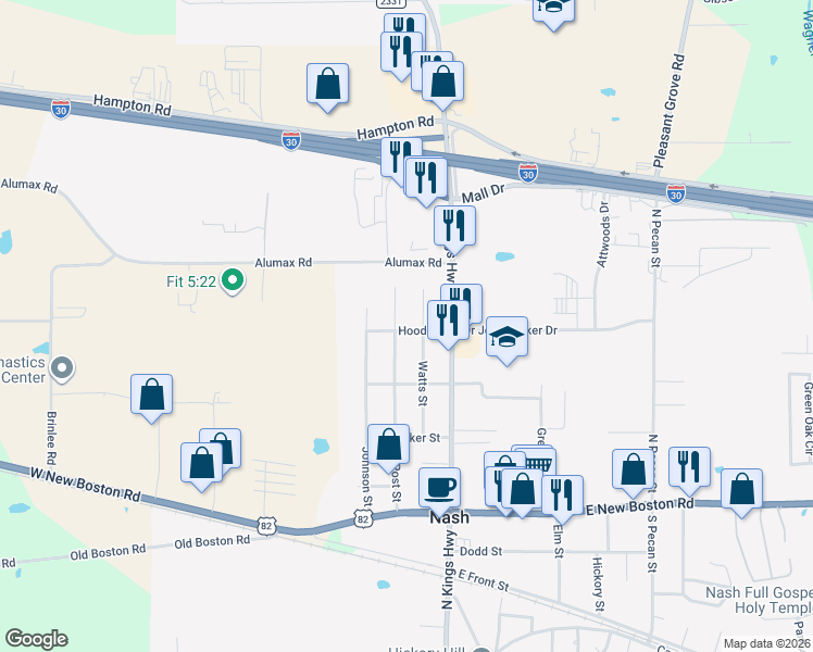 map of restaurants, bars, coffee shops, grocery stores, and more near 231 Hood Street in Nash