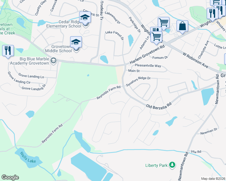 map of restaurants, bars, coffee shops, grocery stores, and more near 4049 Corners Way in Grovetown