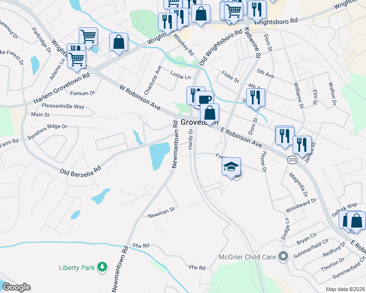 map of restaurants, bars, coffee shops, grocery stores, and more near 75 Spring Street in Grovetown