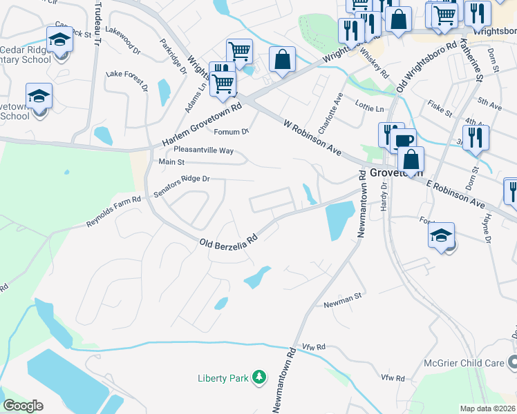 map of restaurants, bars, coffee shops, grocery stores, and more near 900 Arbor Springs Circle in Grovetown