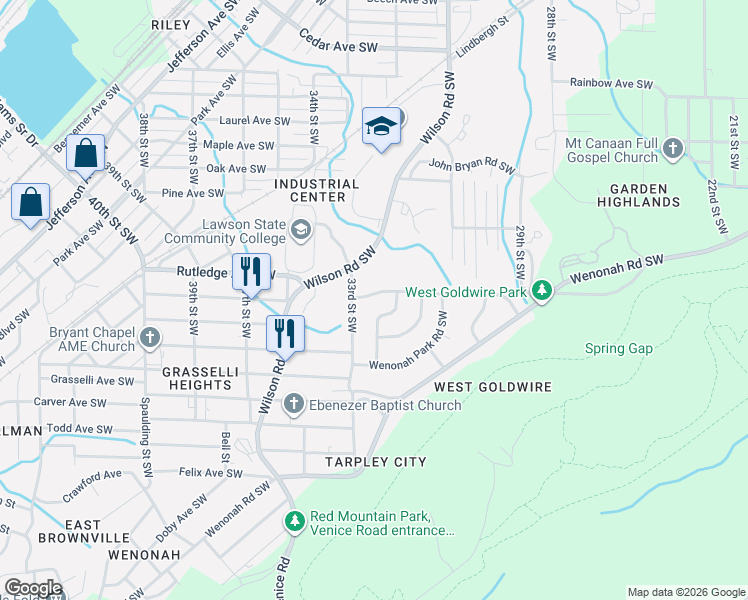 map of restaurants, bars, coffee shops, grocery stores, and more near 3213 Wenonah Drive Southwest in Birmingham