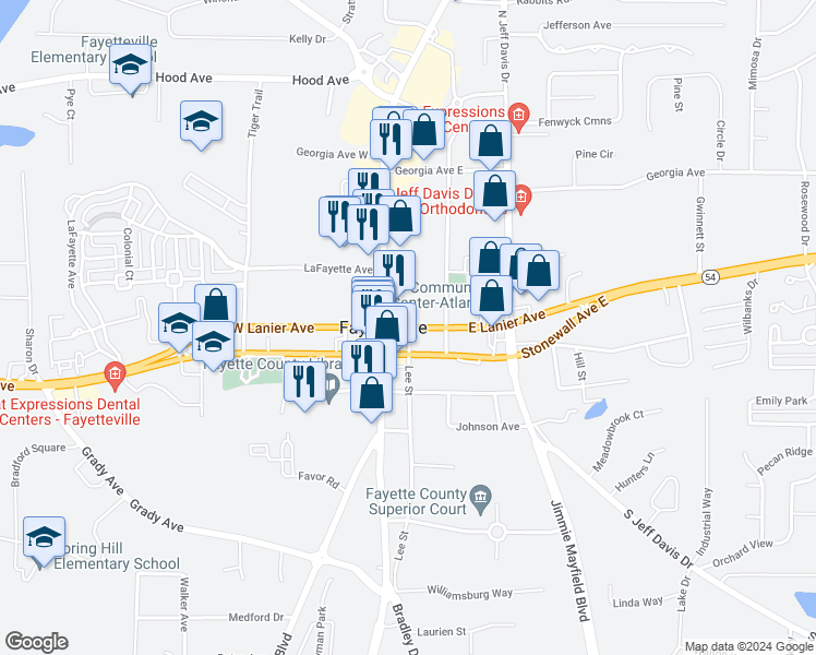 map of restaurants, bars, coffee shops, grocery stores, and more near 150 East Lanier Avenue in Fayetteville