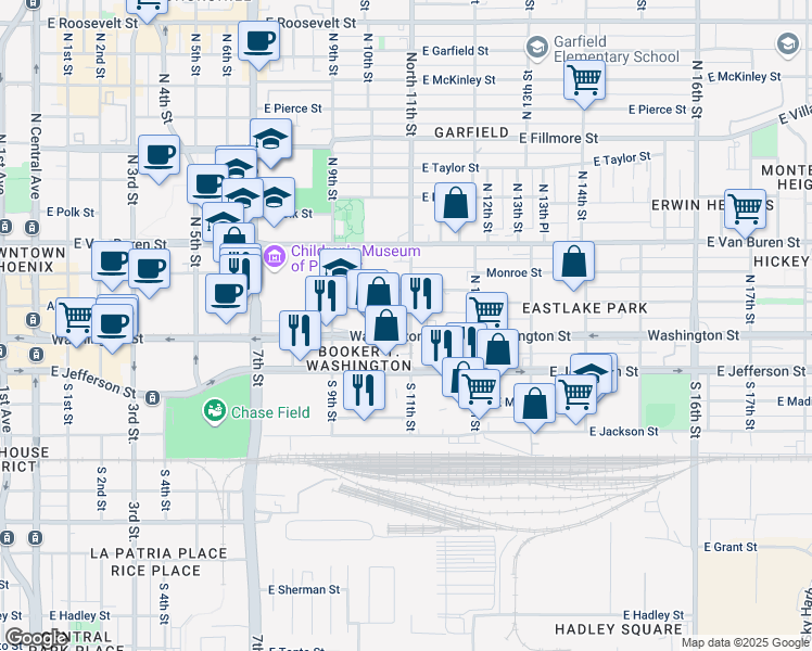 map of restaurants, bars, coffee shops, grocery stores, and more near 1012 East Washington Street in Phoenix