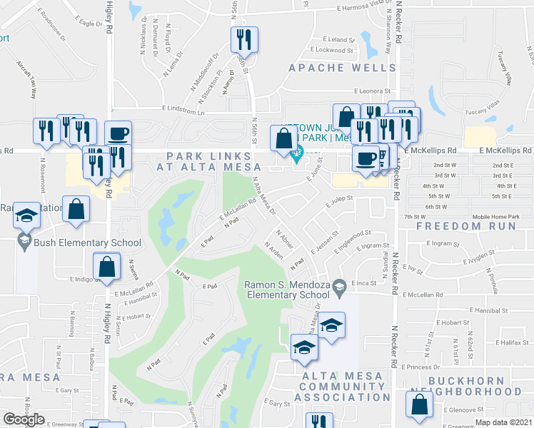 map of restaurants, bars, coffee shops, grocery stores, and more near 1827 North Abner Circle in Mesa