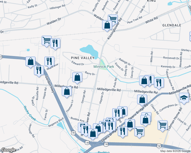 map of restaurants, bars, coffee shops, grocery stores, and more near 1873 Kissingbower Road in Augusta