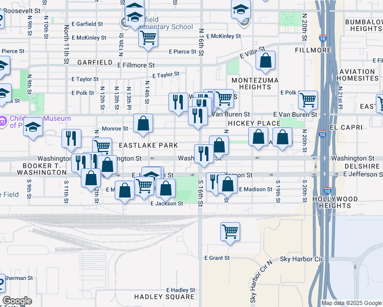 map of restaurants, bars, coffee shops, grocery stores, and more near 1530 East Washington Street in Phoenix