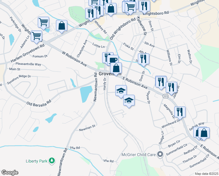map of restaurants, bars, coffee shops, grocery stores, and more near 105 Railroad Avenue in Grovetown