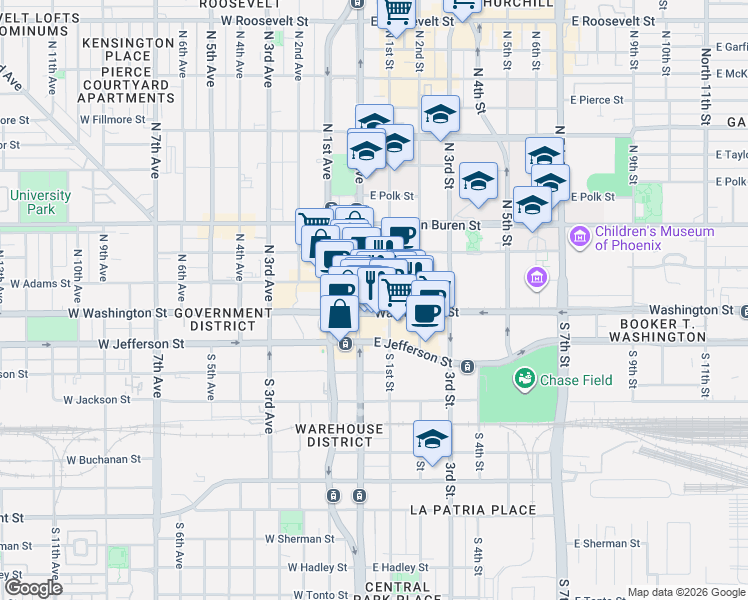 map of restaurants, bars, coffee shops, grocery stores, and more near 25 North Central Avenue in Phoenix