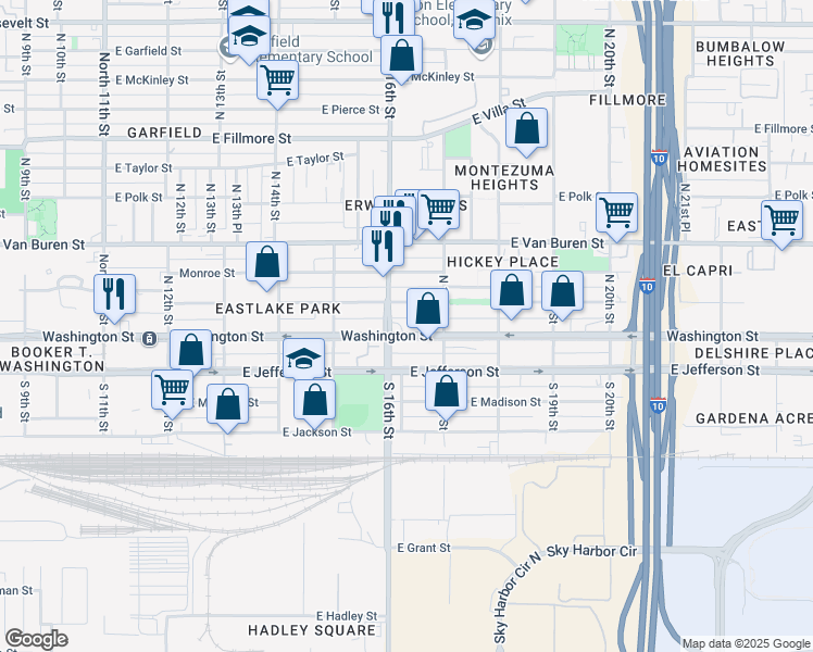 map of restaurants, bars, coffee shops, grocery stores, and more near 1614 Washington Street in Phoenix