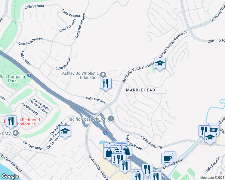 map of restaurants, bars, coffee shops, grocery stores, and more near 2324 Via Chalupa in San Clemente