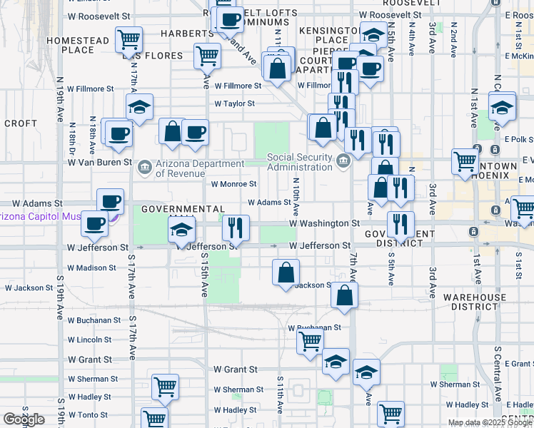 map of restaurants, bars, coffee shops, grocery stores, and more near 1110 West Washington Street in Phoenix