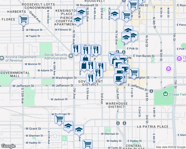 map of restaurants, bars, coffee shops, grocery stores, and more near 400 West Washington Street in Phoenix