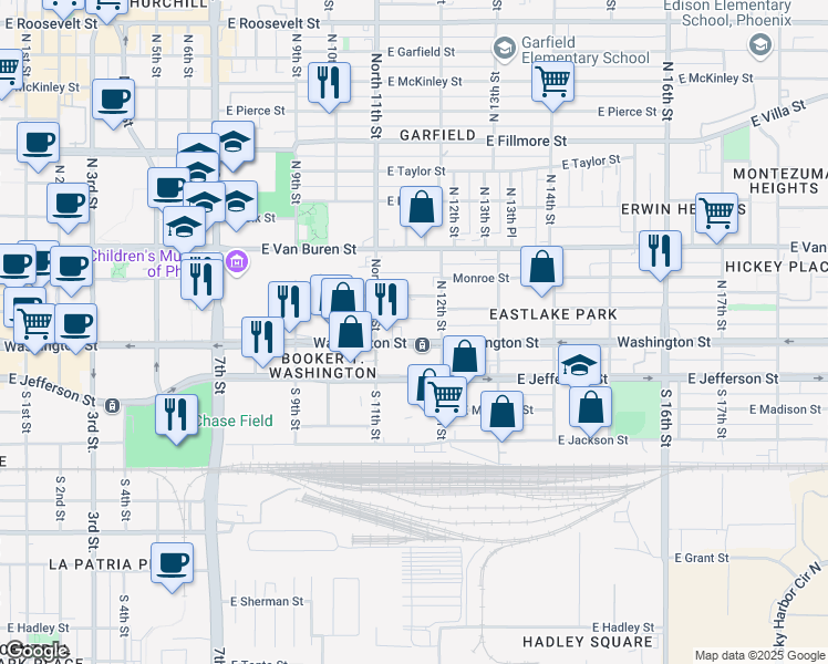 map of restaurants, bars, coffee shops, grocery stores, and more near 1140 East Washington Street in Phoenix