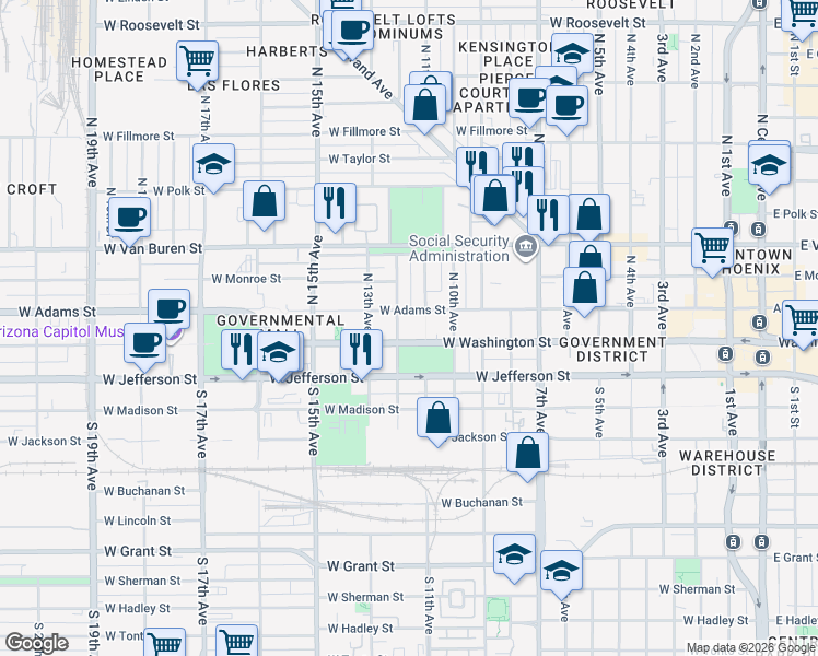 map of restaurants, bars, coffee shops, grocery stores, and more near 1110 West Washington Street in Phoenix