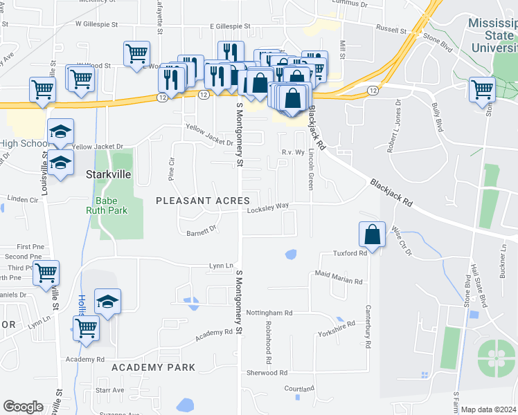 map of restaurants, bars, coffee shops, grocery stores, and more near 103 Locksley Way in Starkville