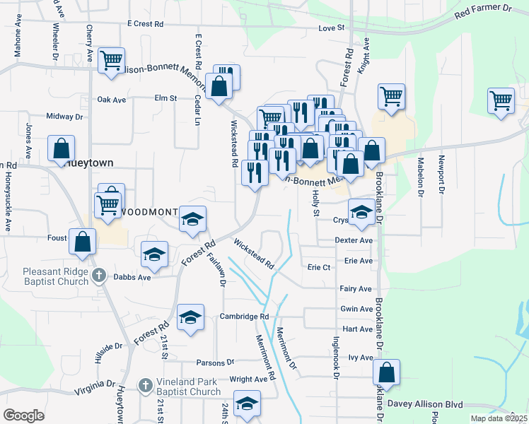 map of restaurants, bars, coffee shops, grocery stores, and more near 204 Forest Road in Hueytown