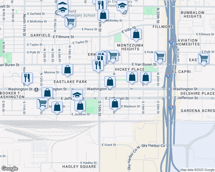 map of restaurants, bars, coffee shops, grocery stores, and more near 1614 Washington Street in Phoenix