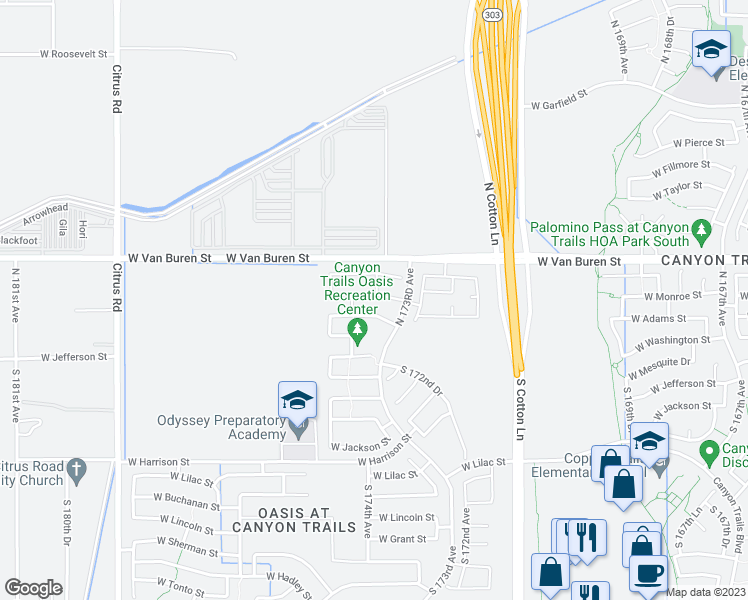 map of restaurants, bars, coffee shops, grocery stores, and more near 17353 West Monroe Street in Goodyear