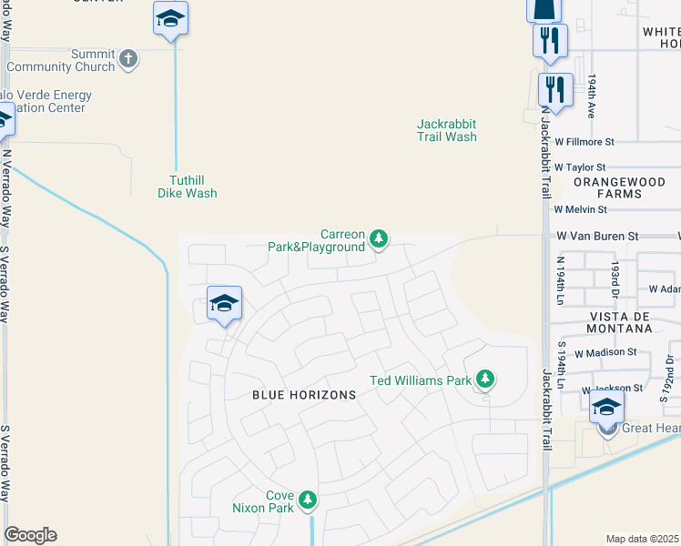 map of restaurants, bars, coffee shops, grocery stores, and more near 19923 West Monroe Street in Buckeye