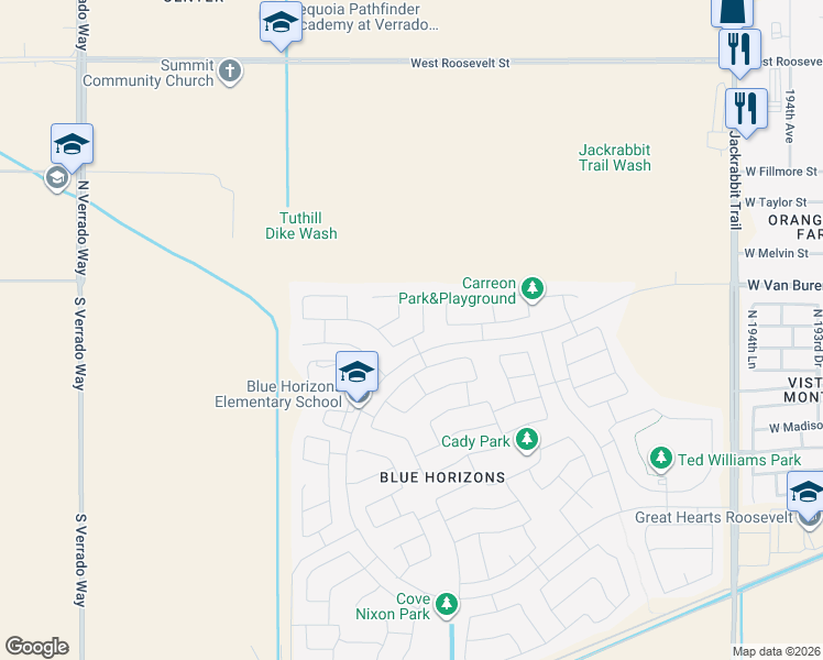 map of restaurants, bars, coffee shops, grocery stores, and more near 19996 West Mesquite Drive in Buckeye