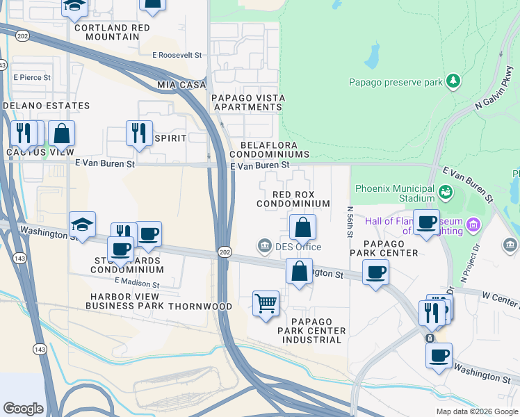 map of restaurants, bars, coffee shops, grocery stores, and more near 5345 East Van Buren Street in Phoenix