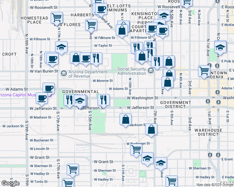 map of restaurants, bars, coffee shops, grocery stores, and more near 1100 West Washington Street in Phoenix