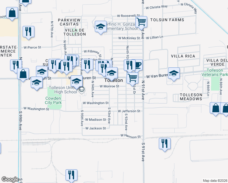 map of restaurants, bars, coffee shops, grocery stores, and more near 9302 West Adams Street in Tolleson