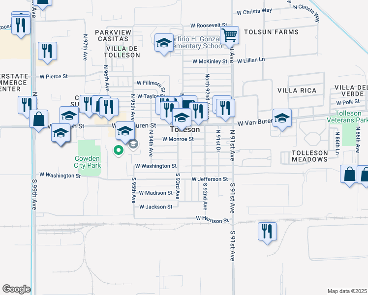 map of restaurants, bars, coffee shops, grocery stores, and more near 9302 West Adams Street in Tolleson
