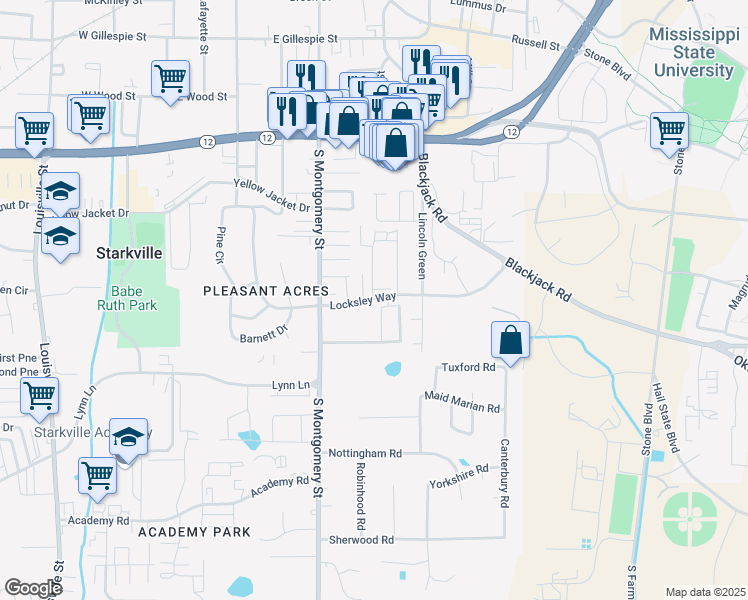 map of restaurants, bars, coffee shops, grocery stores, and more near 112 Lionheart Lane in Starkville