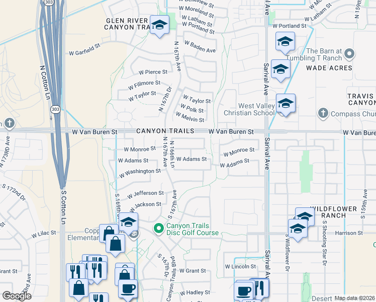 map of restaurants, bars, coffee shops, grocery stores, and more near 16611 West Monroe Street in Goodyear