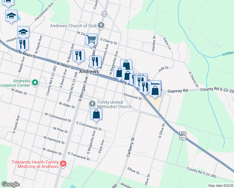 map of restaurants, bars, coffee shops, grocery stores, and more near 101 South Park Avenue in Andrews