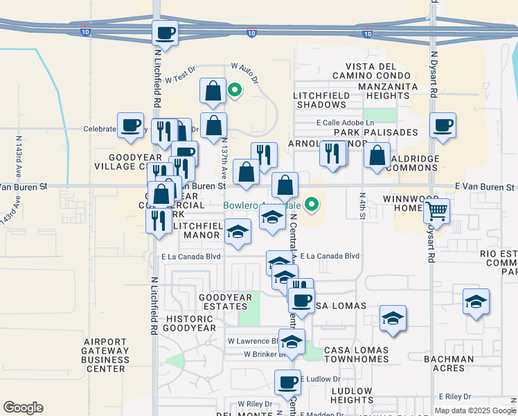 map of restaurants, bars, coffee shops, grocery stores, and more near 1408 North Central Avenue in Avondale