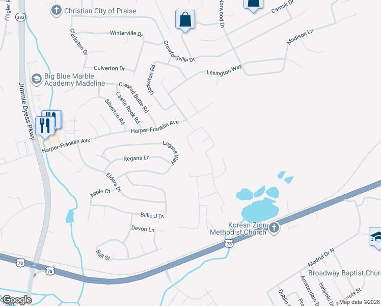 map of restaurants, bars, coffee shops, grocery stores, and more near 4557 Logans Way in Augusta