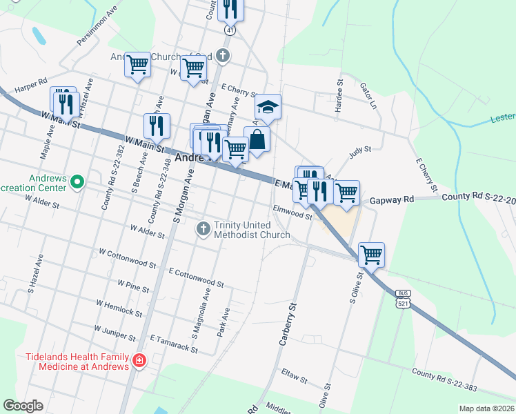 map of restaurants, bars, coffee shops, grocery stores, and more near 101 South Park Avenue in Andrews