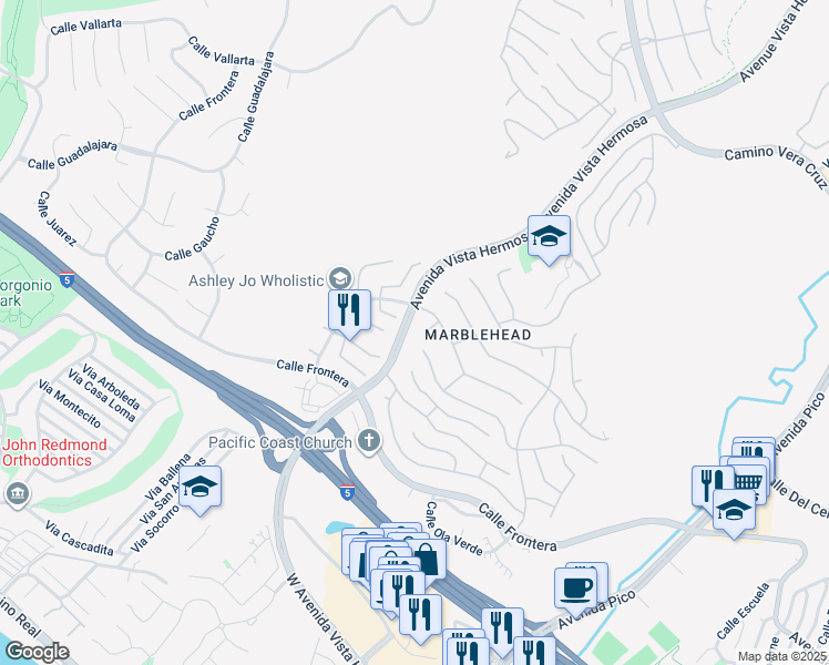 map of restaurants, bars, coffee shops, grocery stores, and more near 2154 Via Teca in San Clemente