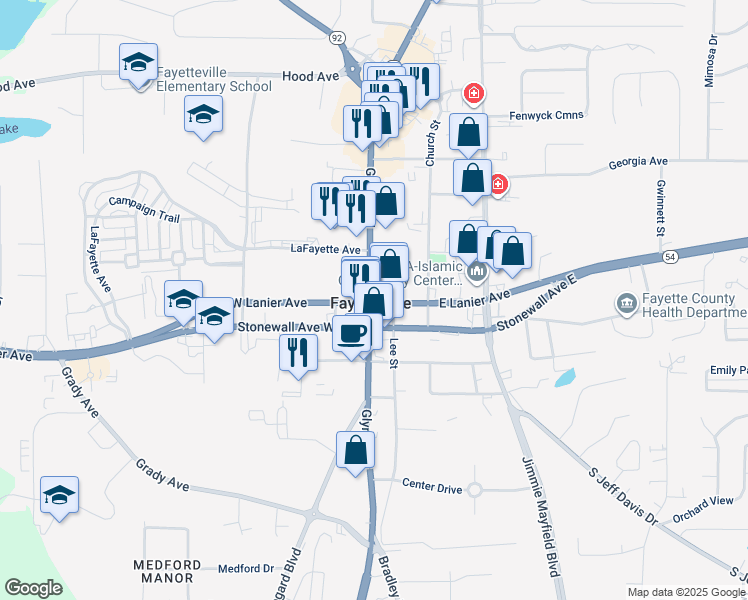 map of restaurants, bars, coffee shops, grocery stores, and more near 8 East Lanier Avenue in Fayetteville