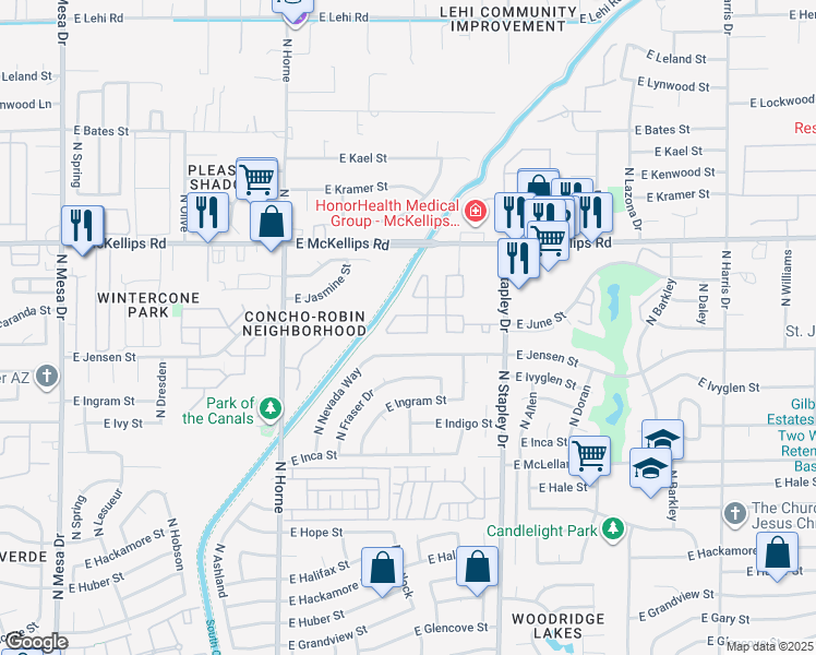 map of restaurants, bars, coffee shops, grocery stores, and more near 1836 North Stapley Drive in Mesa