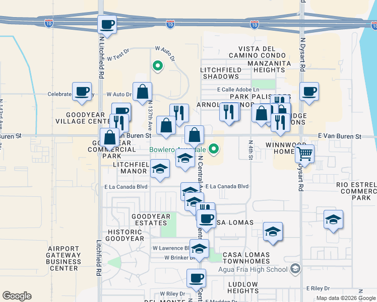 map of restaurants, bars, coffee shops, grocery stores, and more near 1408 North Central Avenue in Avondale