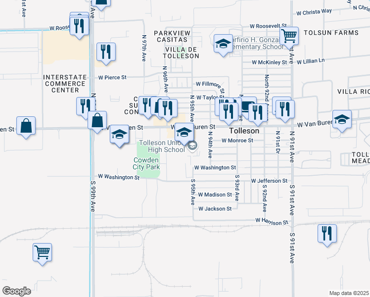map of restaurants, bars, coffee shops, grocery stores, and more near 9419 West Van Buren Street in Tolleson