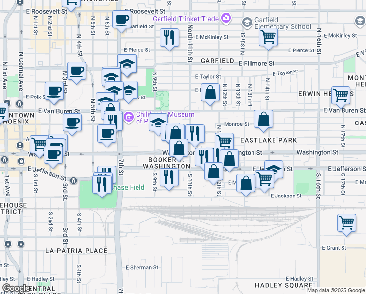 map of restaurants, bars, coffee shops, grocery stores, and more near 1012 East Washington Street in Phoenix