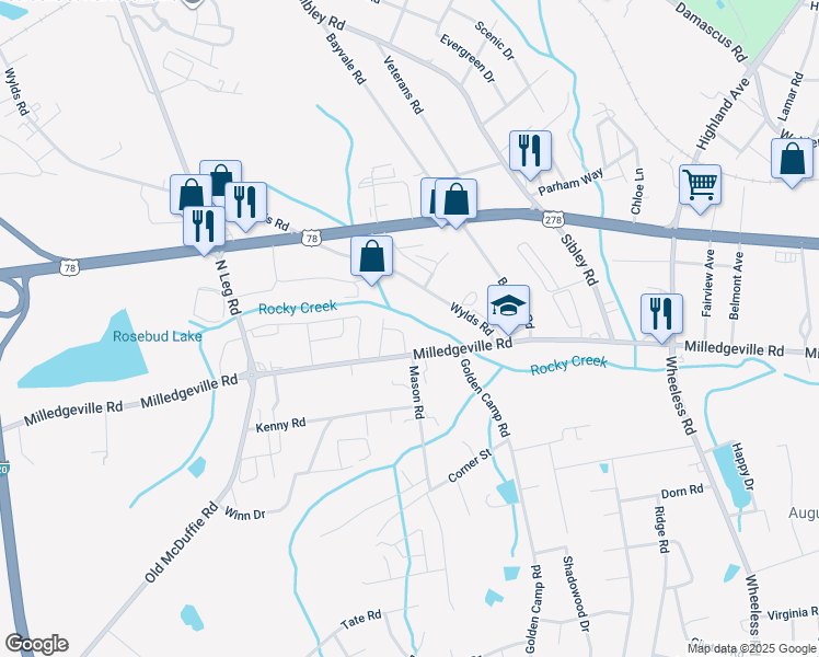 map of restaurants, bars, coffee shops, grocery stores, and more near 3331 Milledgeville Road in Augusta