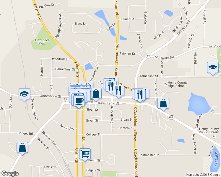 map of restaurants, bars, coffee shops, grocery stores, and more near 143 Sims Street in McDonough