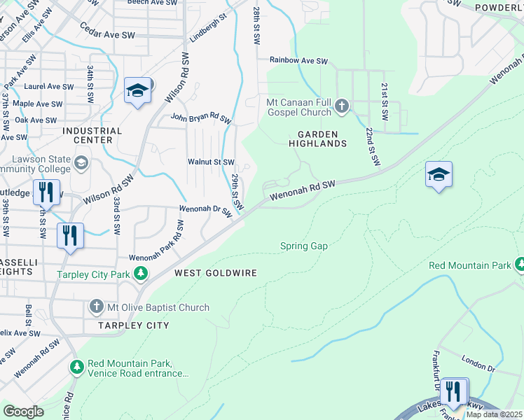 map of restaurants, bars, coffee shops, grocery stores, and more near 2733 Old Wenonah Road in Birmingham