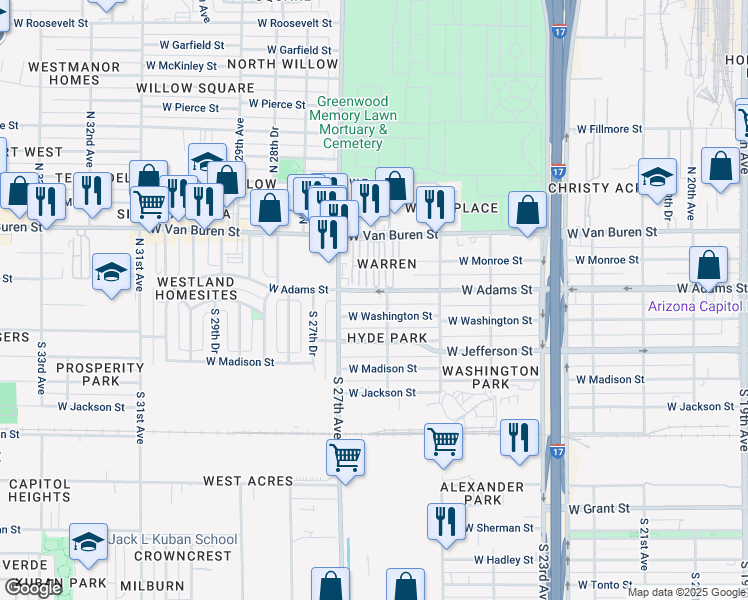 map of restaurants, bars, coffee shops, grocery stores, and more near 2610 West Washington Street in Phoenix