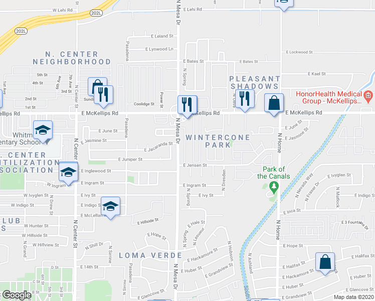 map of restaurants, bars, coffee shops, grocery stores, and more near 1826 North Spring in Mesa