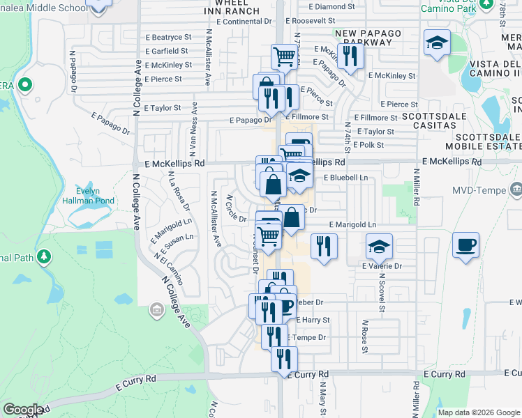 map of restaurants, bars, coffee shops, grocery stores, and more near 1652 North Scottsdale Road in Tempe