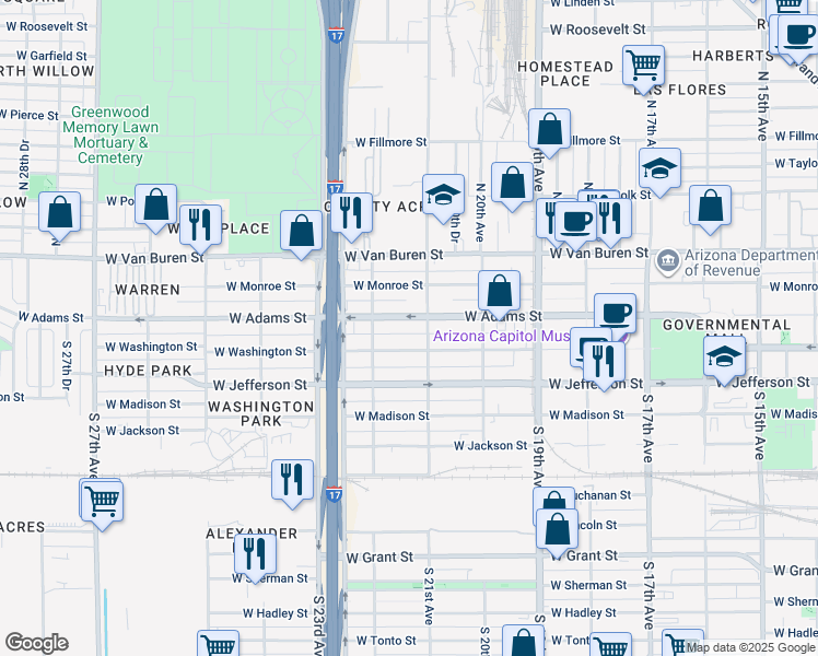 map of restaurants, bars, coffee shops, grocery stores, and more near 2118 West Washington Street in Phoenix